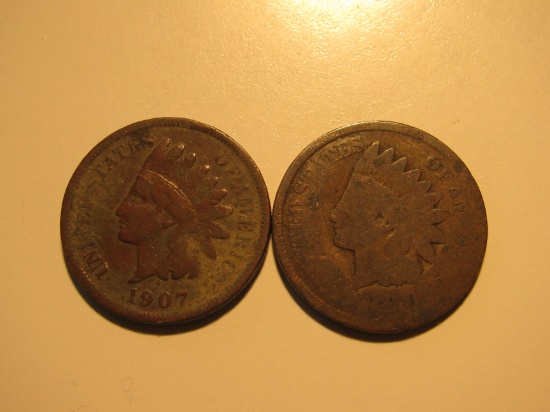 US Coins: 1900 & 1907 cull Indian Head pennies