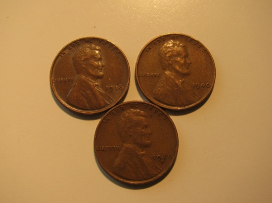 US Coins: 2x1940 & 1x1940-S Wheat pennies
