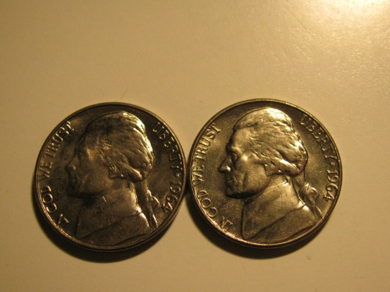 US Coins: 2x1964-D BU/Clean 5 Cents