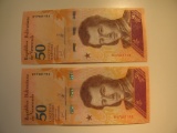 Foreign Currency: 2xVenezuela consecutive Numbers 50 Bolivares (UNC)