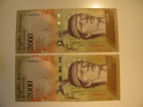 Foreign Currency: 2xVenezuela consecutive Number 2,000 Bolivares (UNC)