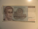 Foreign Currency: 1993 Yugoslavia 100 Million Dinara
