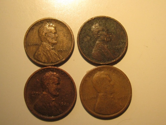 US Coins: 4x1920 Wheat Pennies