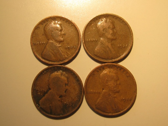 US Coins: 4x1924 Wheat Pennies