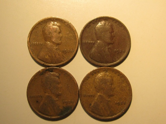 US Coins: 4x1924 Wheat Pennies