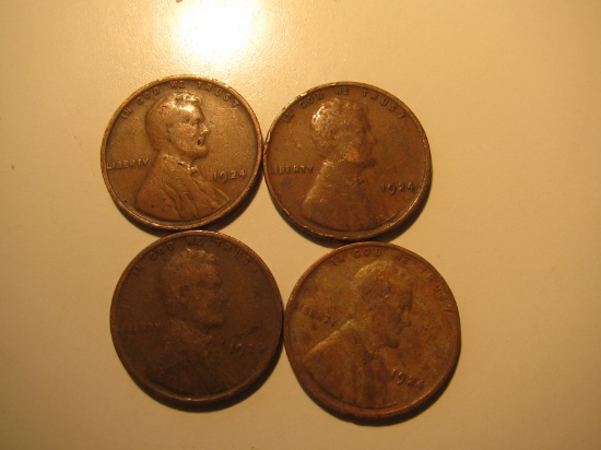 US Coins: 4x1924 Wheat Pennies