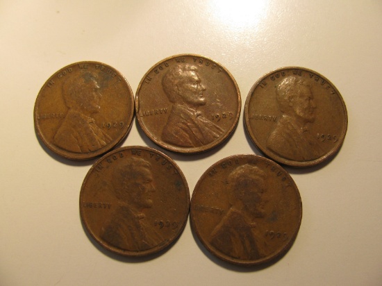US Coins: 5x1929 Wheat Pennies