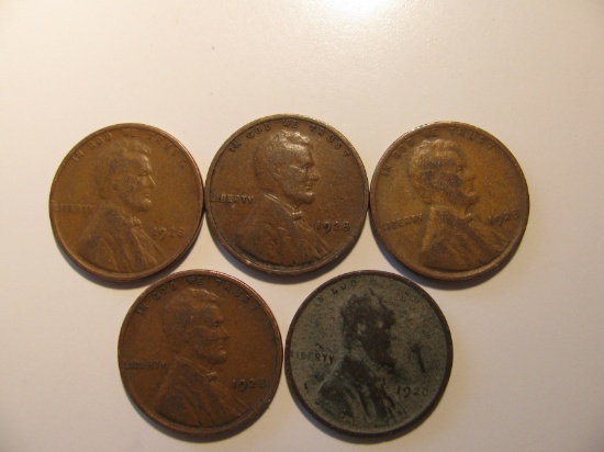 US Coins: 5x1928 Wheat Pennies