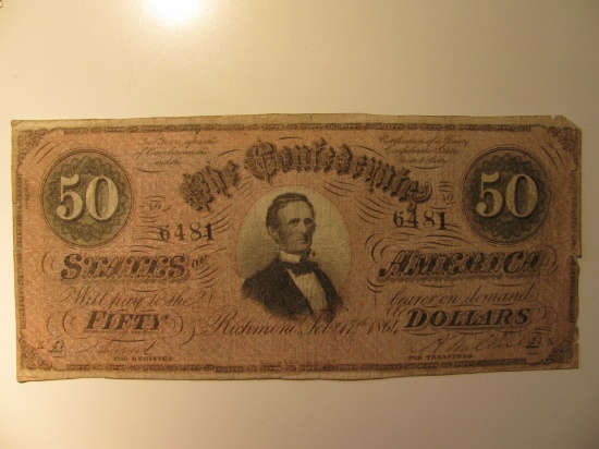 1864 Civil War Confederate States of American $50 Dollar Currency Richmond