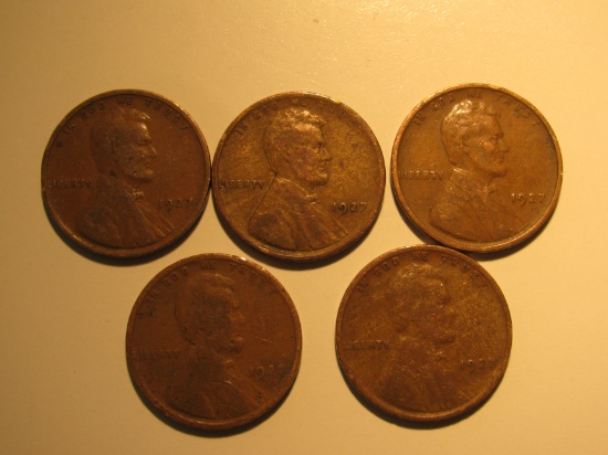 US Coins: 5x1927 Wheat Pennies