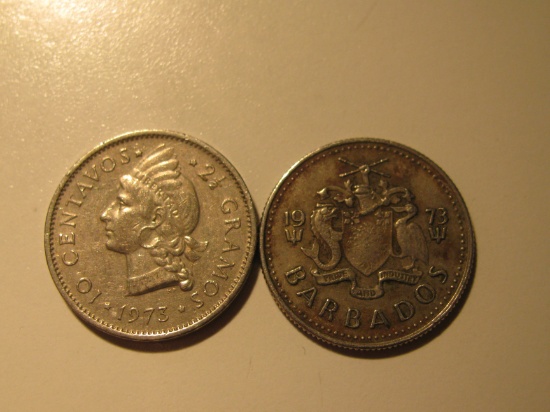 Foreign Coins: 1973 Dominican Republic 2.5 Gramos & 197 Barbados 10 Cents