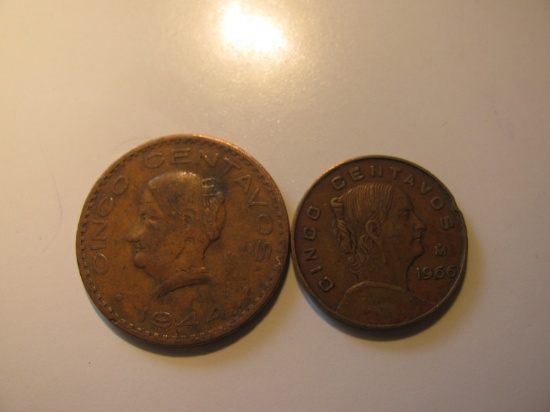 Foreign Coins: 1944 & 1966 Mexico 5 Centavos