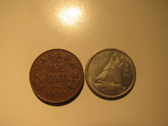 Foreign Coins: Canada 1932 1 & 1971 10 Cents