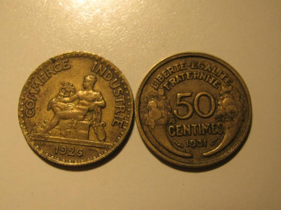 Foreign Coins: 1926 & 1931 France 50 Centimes