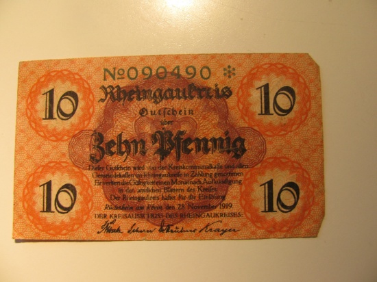 Foreign Currency: 1919 Germany 10 Pfennig Notgeld