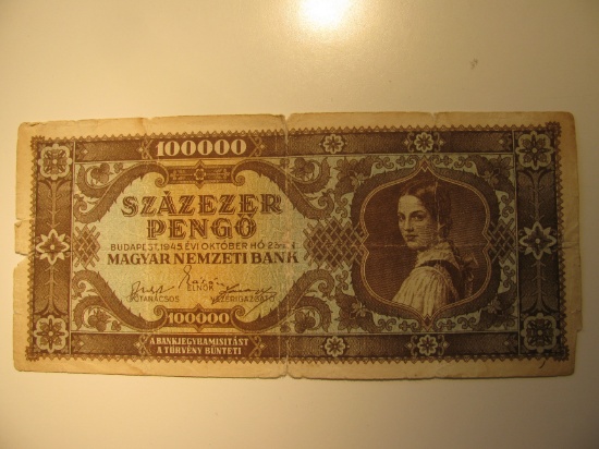 Foreign Currency: 1945 Hungary 100,000 Pengo