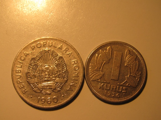 Foreign Coins: 1960 Romania 25 Bani & 1956 Turkey 1 Kurus