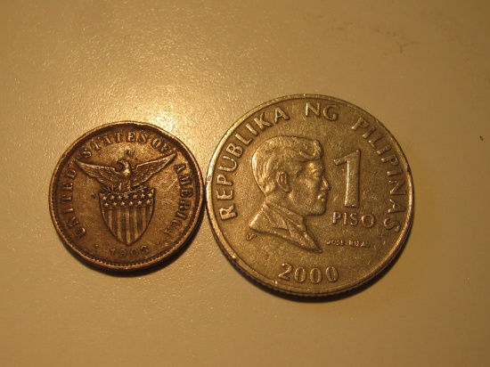 Foreign Coins: 1903 Philippines (Under USA Protective) 1/2 Centavos & 2000 1 Piso