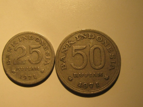 Foreign Coins: 1971 Indonesia 25 & 50 Rupiahs