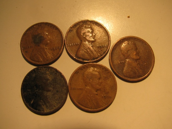 US Coins: 4x1928 & 1x1920 Wheat Pennies