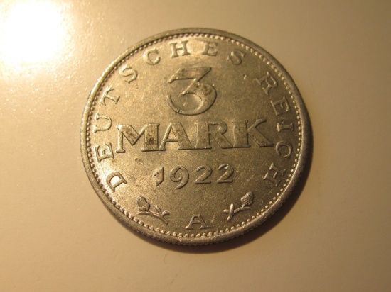 Foreign Coins: 1922 Germany 3 mark