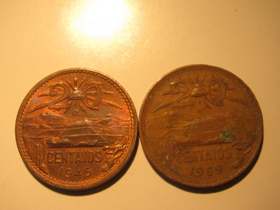 Foreign Coins: 1945 & 1969 Mexico 20 Centavos