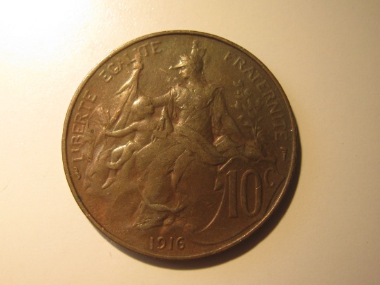 Foreign Coins: 1916 (WWI) France 10 Centimes