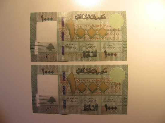 Foreign Currency: 2 Lebanon consecutive Serial # 1,000 Livres