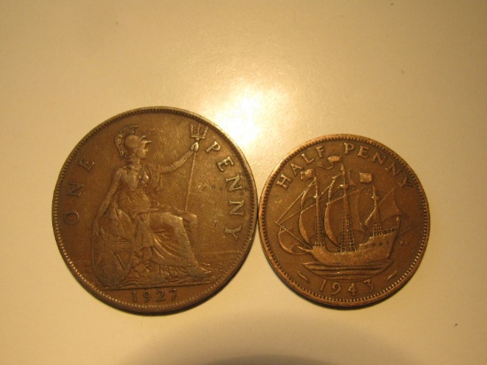 Foreign Coins: Great Britain 1927 Penny & 1943 (WWII) 1/2 Penny