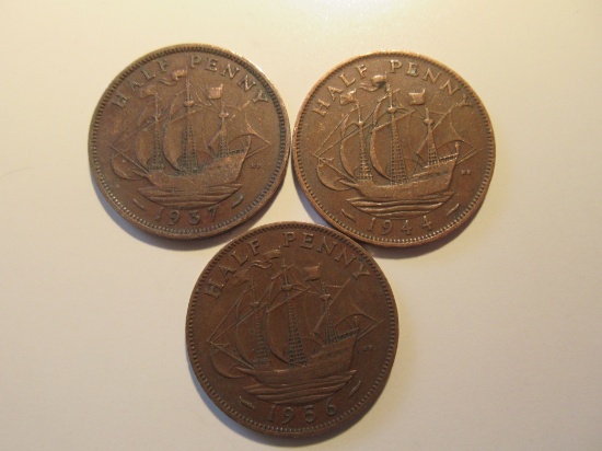 Foreign Coins: Great Britain 1937, 1944 & 1956 1/2 Pennies