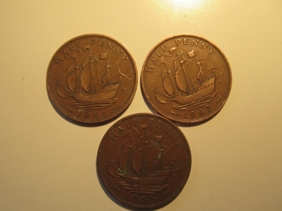 Foreign Coins: Great Britain 1941, 1942 & 1955 1/2 Pennies
