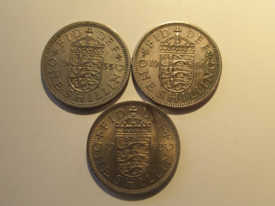 Foreign Coins: Great Britain 1955, 56 & 62 1 Shillings