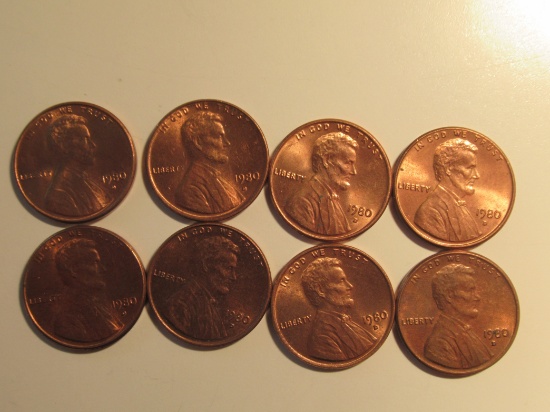 US Coins: 8xBU/Clean 1980-D pennies