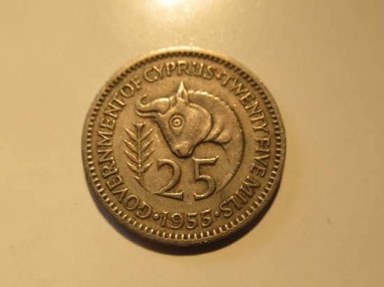 Foreign Coins:   1955 British Cyprus 25 Mills