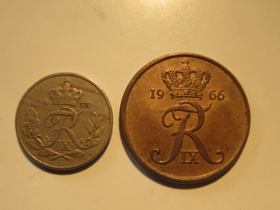 Foreign Coins: Denmark  1955 10 & 1966 5 Ores