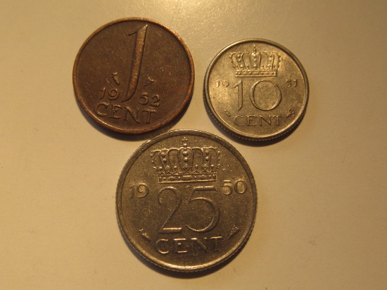 Foreign Coins:  Netherlands 1952 1, 1951 10 & 1950 25 Cents