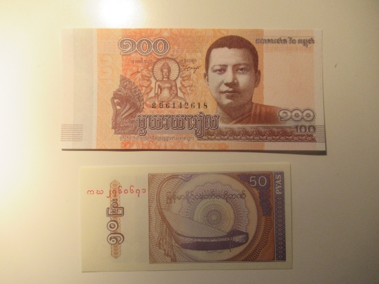 Foreign Currency:  Cambodia 100 Reis (crisp) & Myanmar 50 Pays (Crisp)