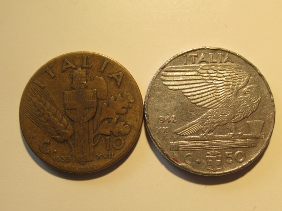 Foreign Coins: WWII Italy 1939 10  & 1942 50 Centismos