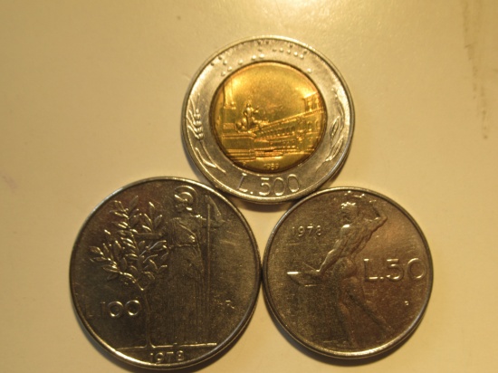 Foreign Coins: Italy 500, 100 & 50  Lire coins