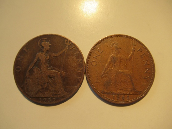 Foreign Coins: Great Britain 1909 & 1962 Pennies