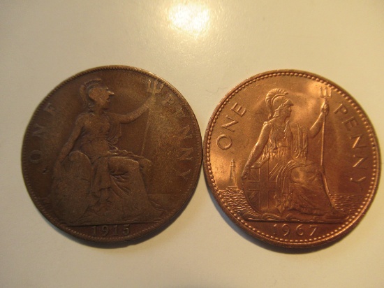 Foreign Coins: Great Britain 1915 & 1967 Pennies