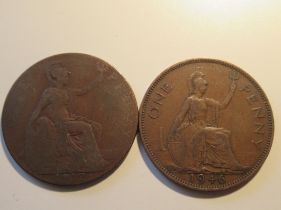 Foreign Coins: Great Britain 1912 & 1946 Pennies