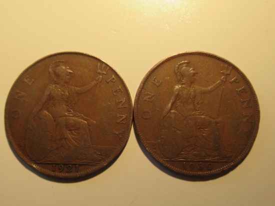 Foreign Coins: Great Britain 1921 & 1930 Pennies