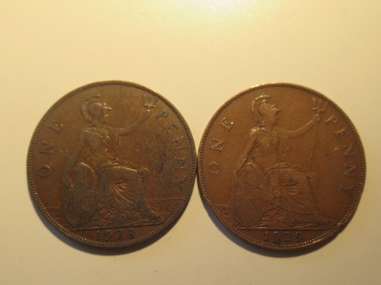 Foreign Coins: Great Britain 1928 & 1929 Pennies