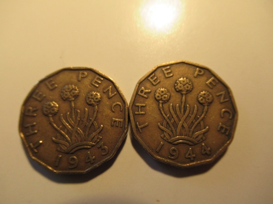 Foreign Coins: 1943 (WWII) & 1944 (WWII) Great Britain 3 Pences