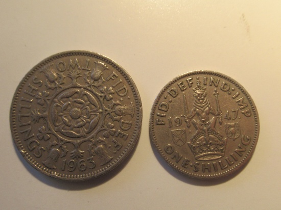 Foreign Coins: Great Britain 1947 1 & 1963 2 Shillings