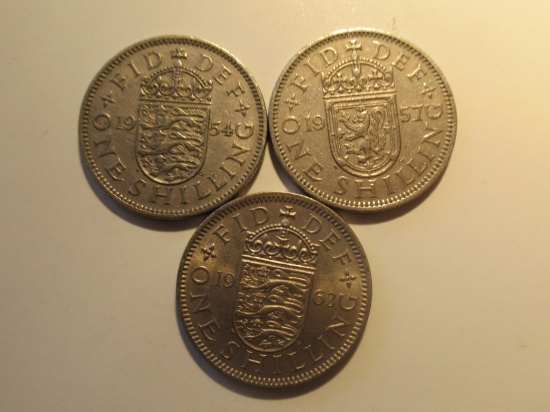Foreign Coins: Great Britain 1954, 57 & 63 1 Shillings