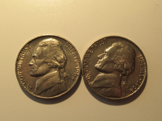 US Coins: 2x1964 BU/Clean 5 Cents