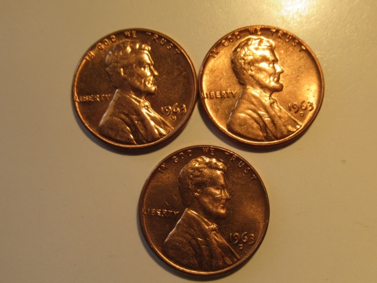 US Coins: 3xBU/Clean 1963-D pennies