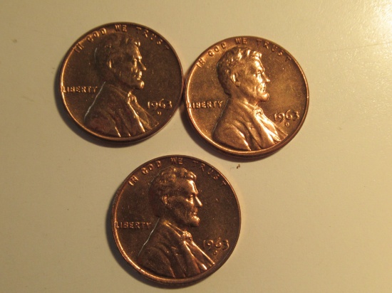 US Coins: 3xBU/Clean 1963-D pennies